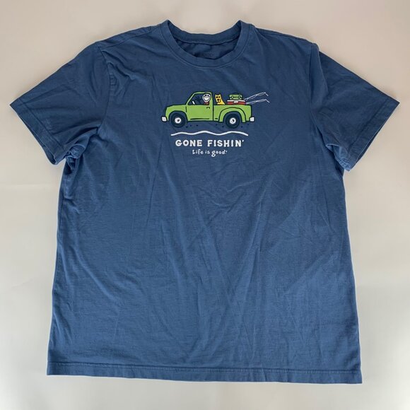 Life Is Good Blue Gone Fishin Short Sleeve Crusher Tee Shirt Mens Large - Picture 1 of 5